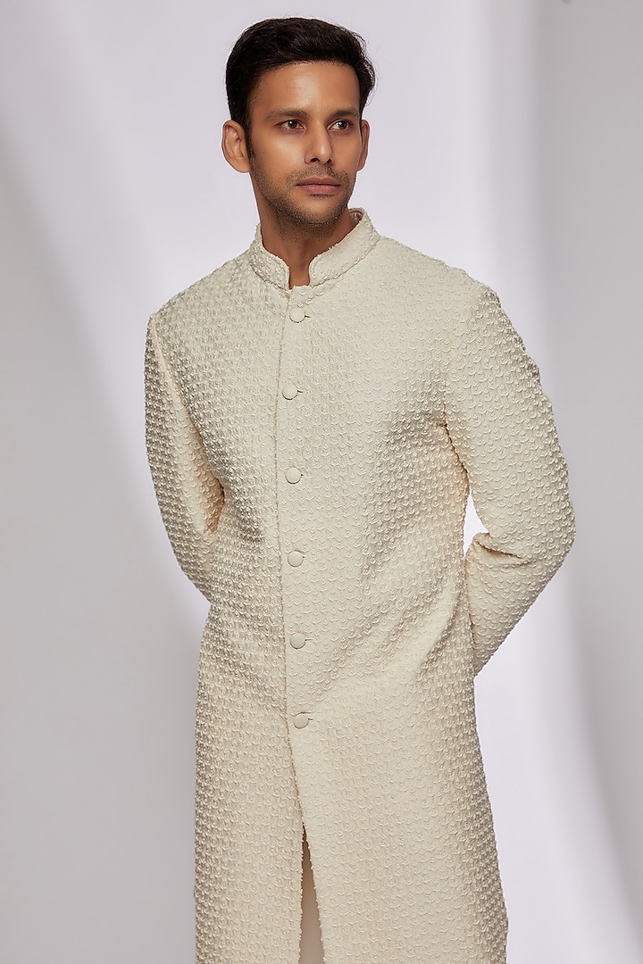 Vanilla White Plant Fabric Embroidered Groom Sherwani Set by Kunal Rawal at Pernia's Pop Up Shop
