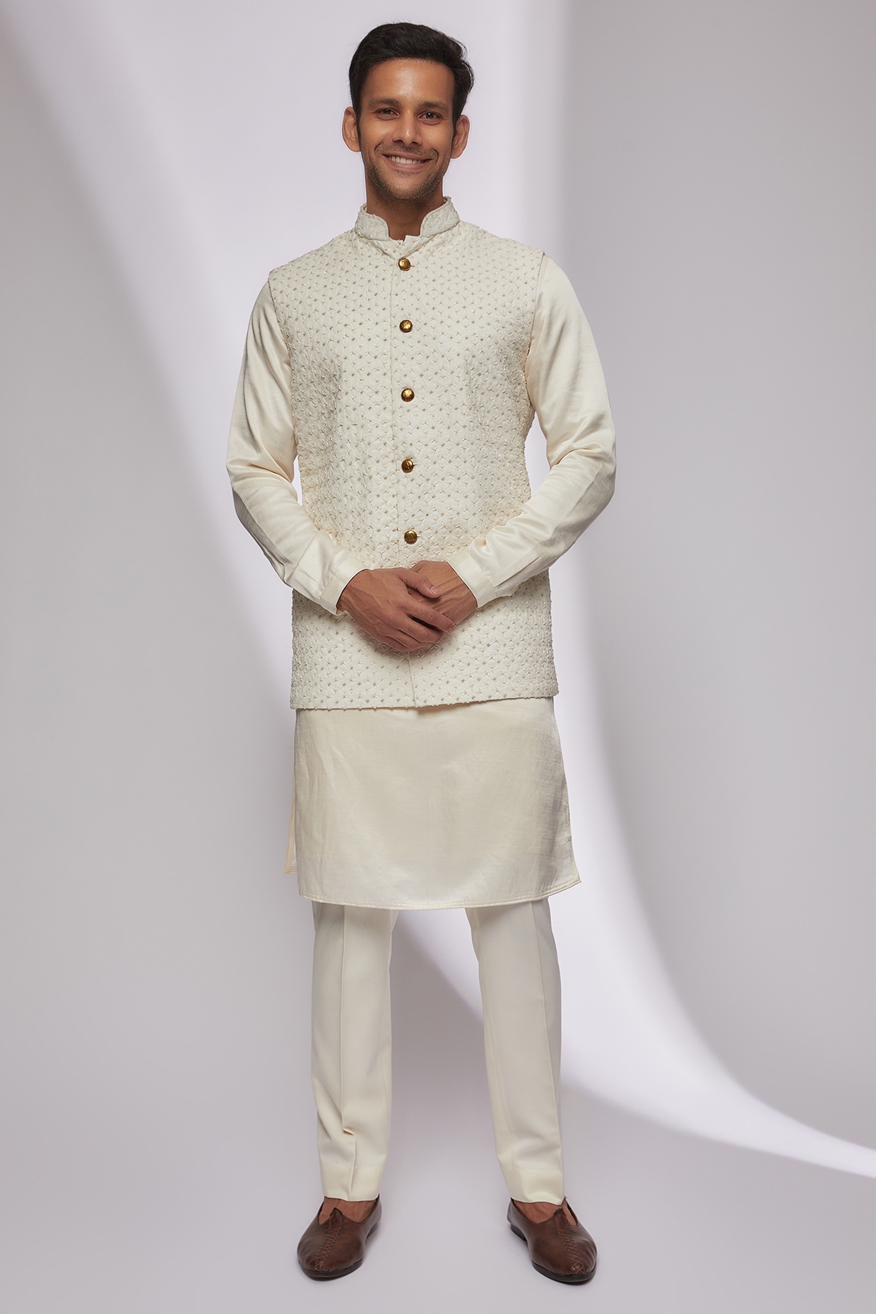 Buy SOJANYA Mens Silk Blend Off White Kurta Pyjama & Navy Blue Nehru Jacket  (Set of 3) online