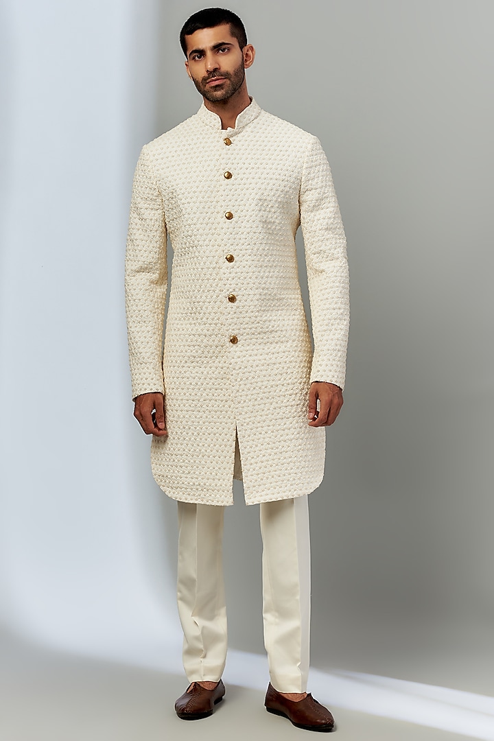 Cream Suiting Hand Embroidered Sherwani Set by Kunal Rawal