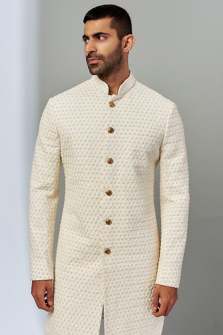 Cream Suiting Hand Embroidered Groom Sherwani Set by Kunal Rawal at Pernia's Pop Up Shop