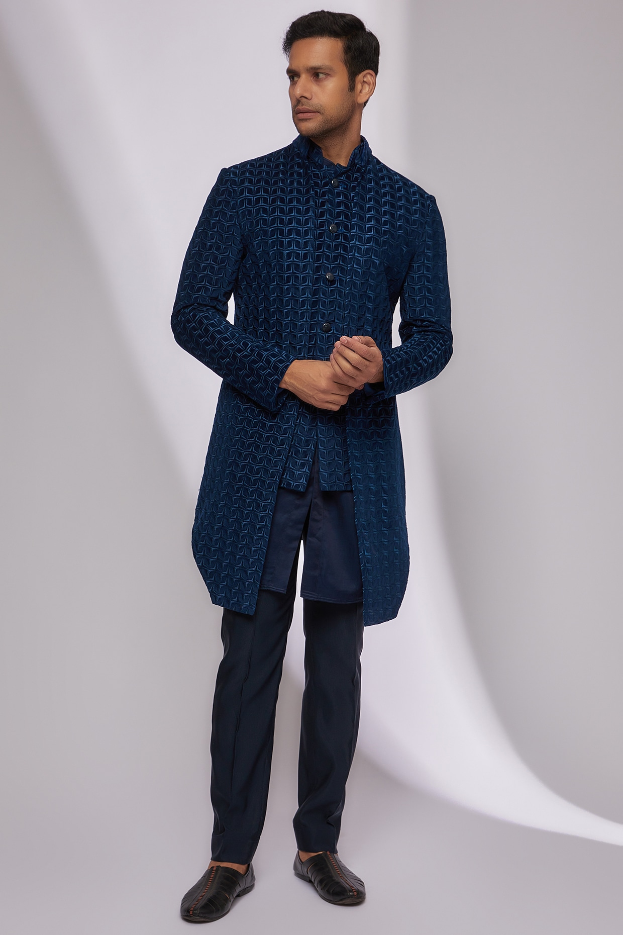 Navy Blue Velvet Embroidered Indo Western Set by Kunal Rawal at
