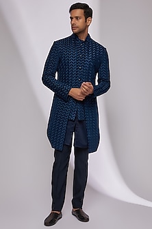 Navy Blue Velvet Embroidered Indo Western Set by Kunal Rawal-POPULAR PRODUCTS AT STORE
