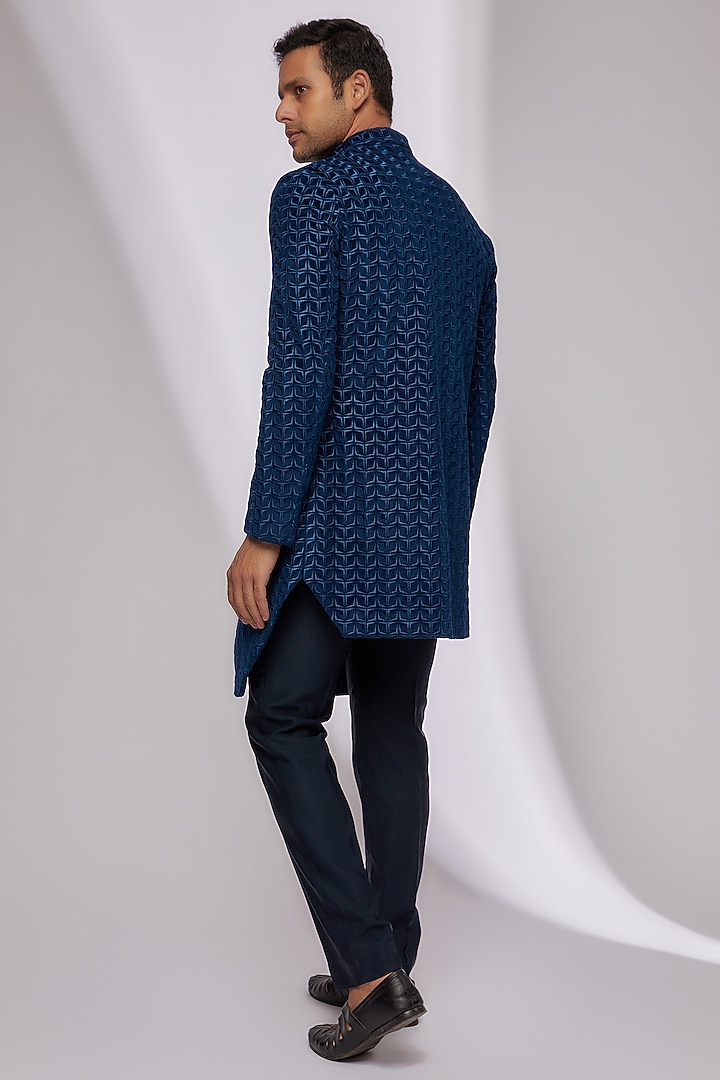 Navy Blue Velvet Embroidered Groom Indowestern Set by Kunal Rawal at Pernia's Pop Up Shop