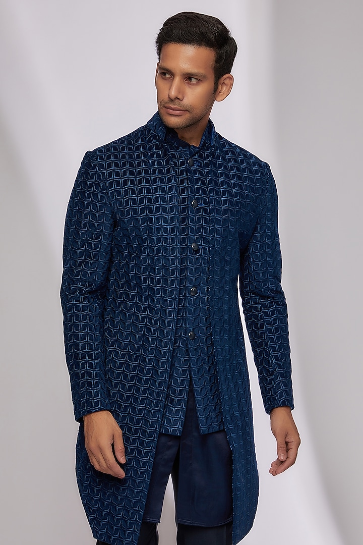 Navy Blue Velvet Embroidered Groom Indowestern Set by Kunal Rawal at Pernia's Pop Up Shop