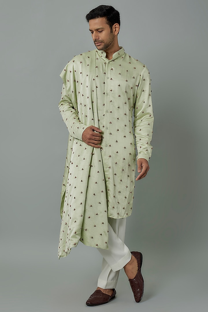 Mint Knot Embroidered Kurta With Stole by Kunal Rawal at Pernia's Pop Up Shop