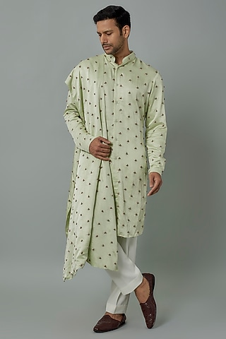Mint Knot Embroidered Kurta With Stole by Kunal Rawal