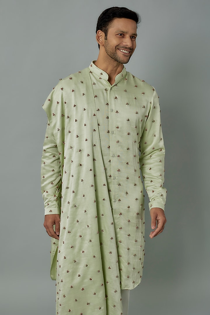 Mint Knot Embroidered Kurta With Stole by Kunal Rawal at Pernia's Pop Up Shop