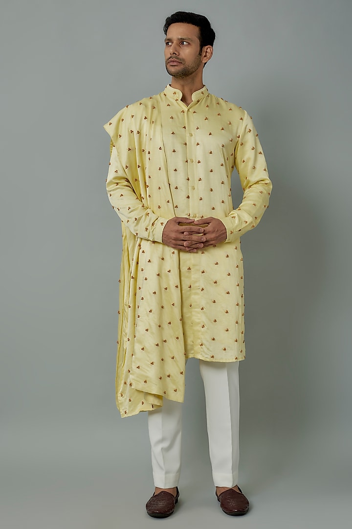 Lemon Yellow Knot Embroidered Kurta With Stole by Kunal Rawal