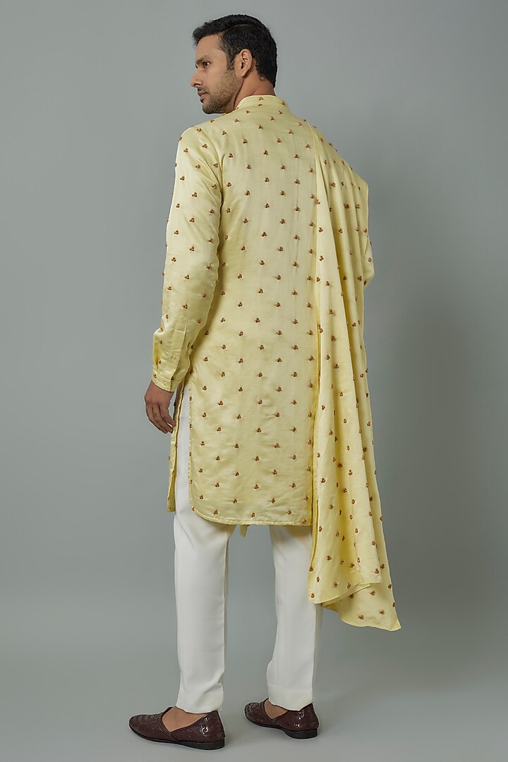 Lemon Yellow Knot Embroidered Kurta With Stole by Kunal Rawal at Pernia's Pop Up Shop