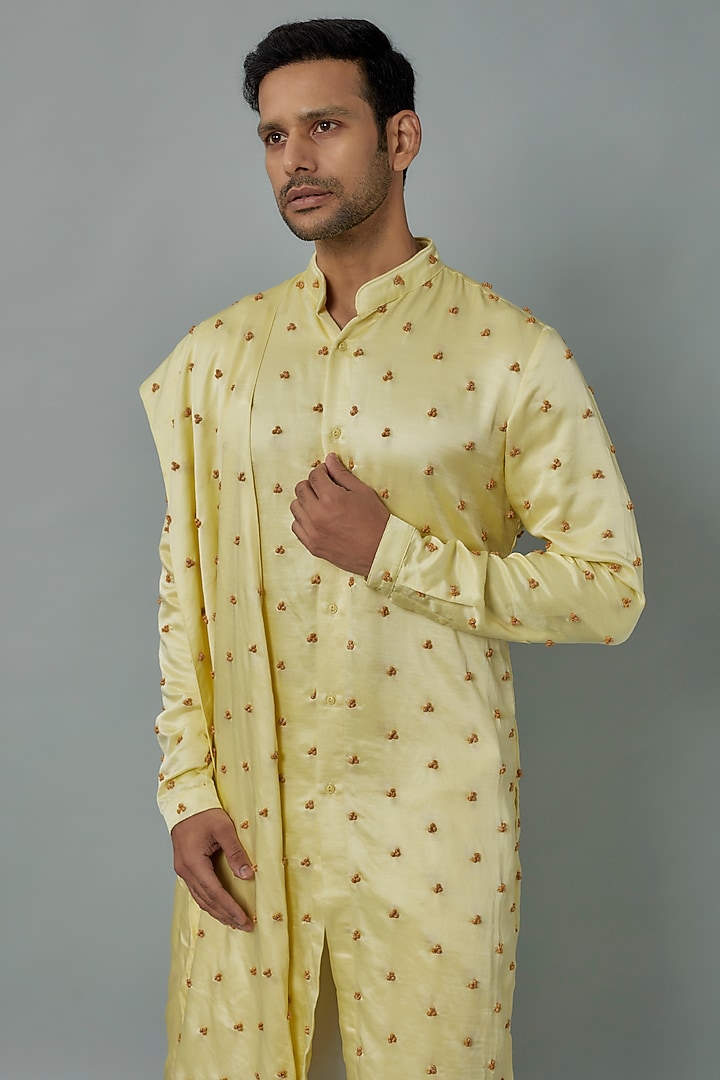 Lemon Yellow Knot Embroidered Kurta With Stole by Kunal Rawal at Pernia's Pop Up Shop