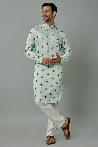 Ice Blue Linen Satin Embroidered Kurta by Kunal Rawal
