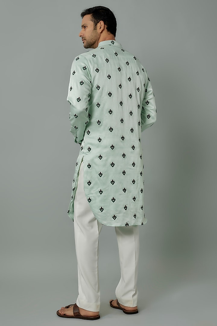 Ice Blue Linen Satin Embroidered Kurta by Kunal Rawal at Pernia's Pop Up Shop