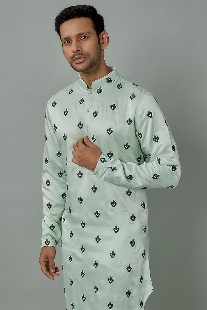 Ice Blue Linen Satin Embroidered Kurta by Kunal Rawal at Pernia's Pop Up Shop