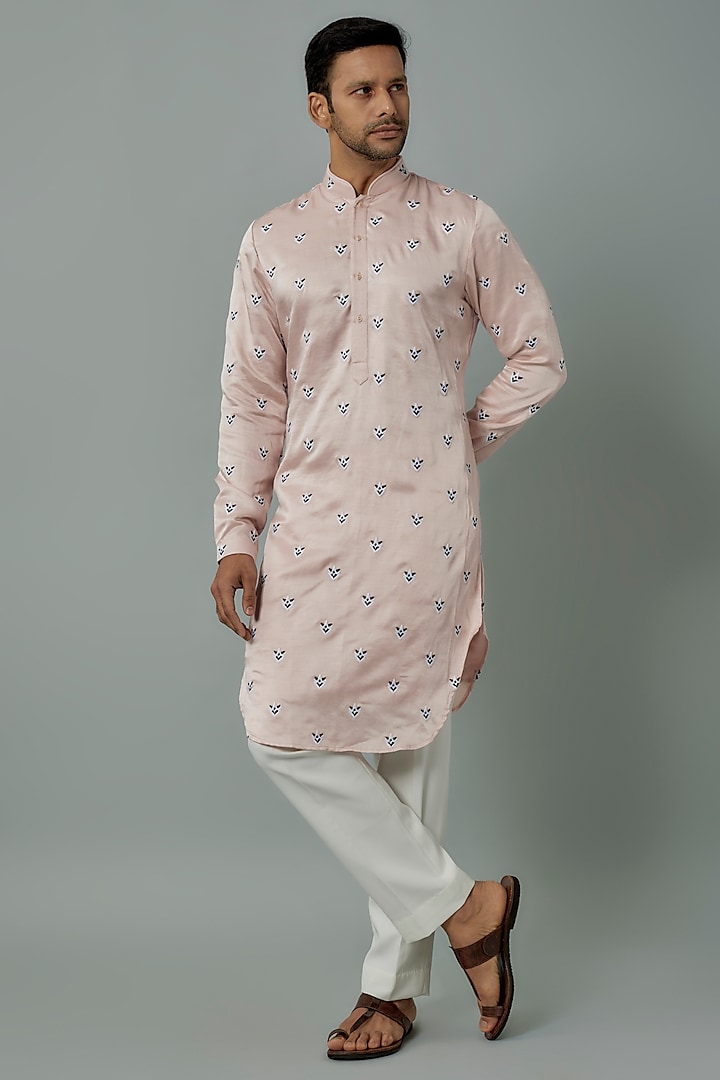 Blush Pink Linen Satin Embroidered Kurta by Kunal Rawal