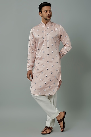 Blush Pink Linen Satin Embroidered Kurta by Kunal Rawal
