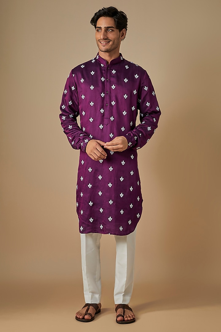 Magenta Linen Satin Embroidered Kurta by Kunal Rawal