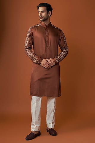 Rust Linen Satin Embroidered Kurta by Kunal Rawal