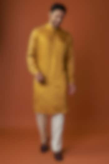 Mustard Linen Satin Embroidered Kurta by Kunal Rawal