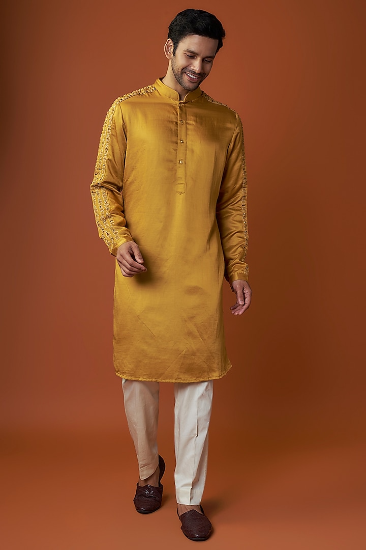 Mustard Linen Satin Embroidered Kurta by Kunal Rawal