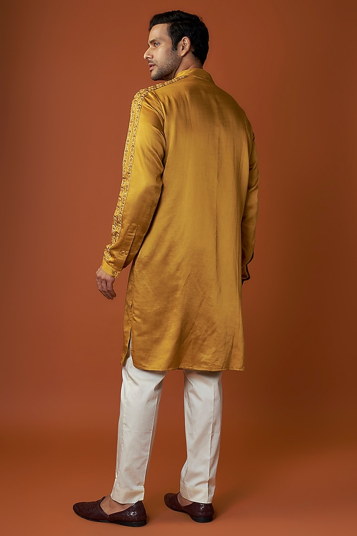 Mustard Linen Satin Embroidered Kurta by Kunal Rawal at Pernia's Pop Up Shop