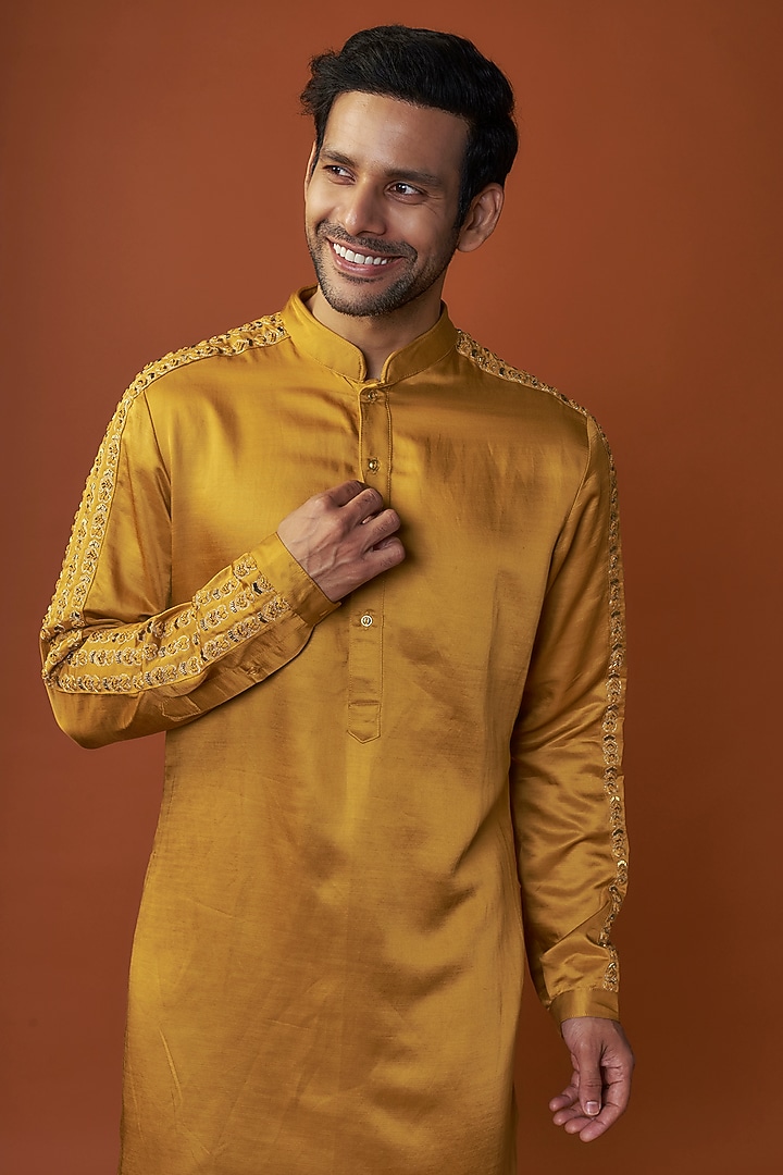 Mustard Linen Satin Embroidered Kurta by Kunal Rawal at Pernia's Pop Up Shop