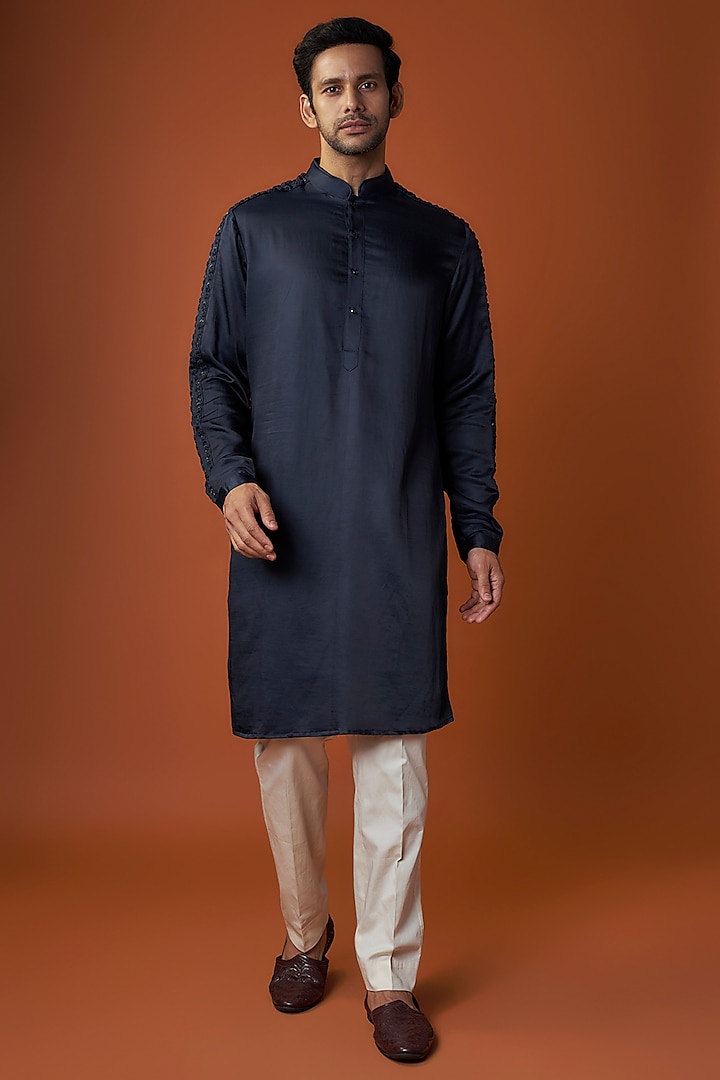 Navy Linen Satin Embroidered Kurta by Kunal Rawal at Pernia's Pop Up Shop