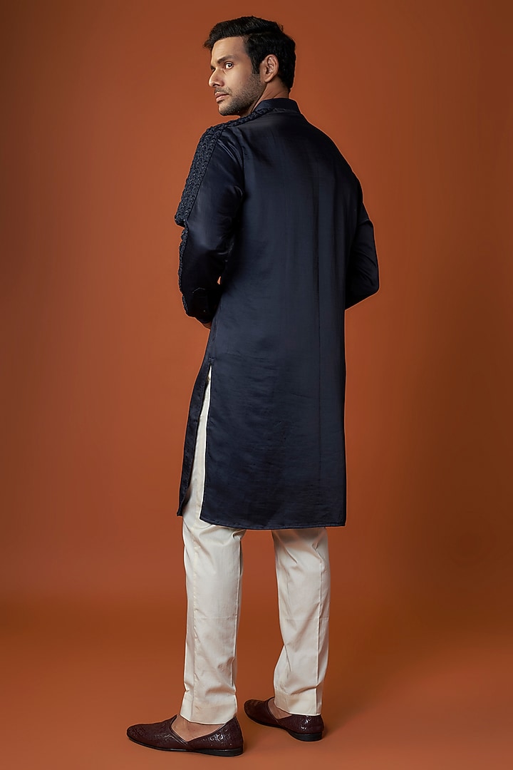 Navy Linen Satin Embroidered Kurta by Kunal Rawal at Pernia's Pop Up Shop