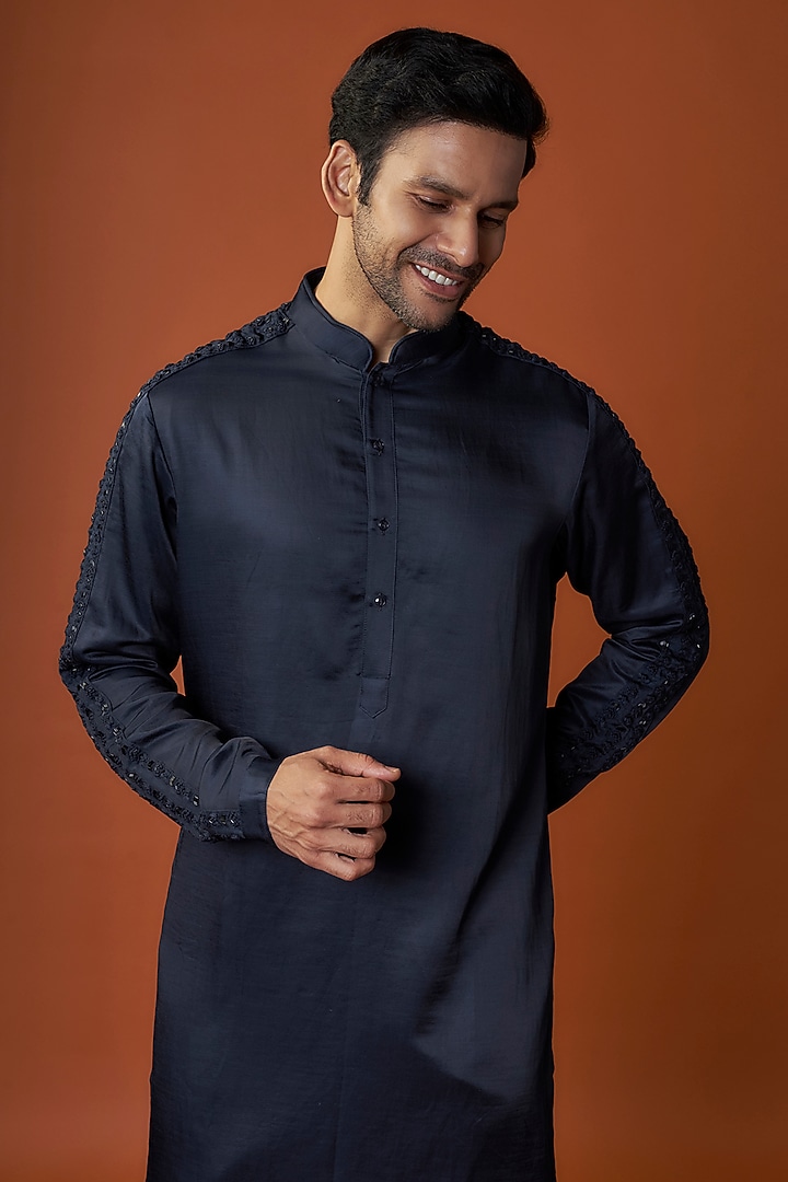 Navy Linen Satin Embroidered Kurta by Kunal Rawal at Pernia's Pop Up Shop
