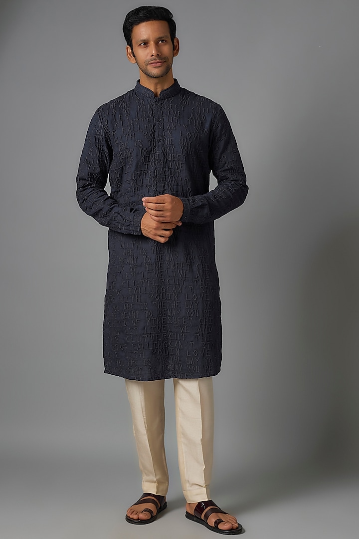 Navy Blue Silk Embroidered Kurta by Kunal Rawal at Pernia's Pop Up Shop