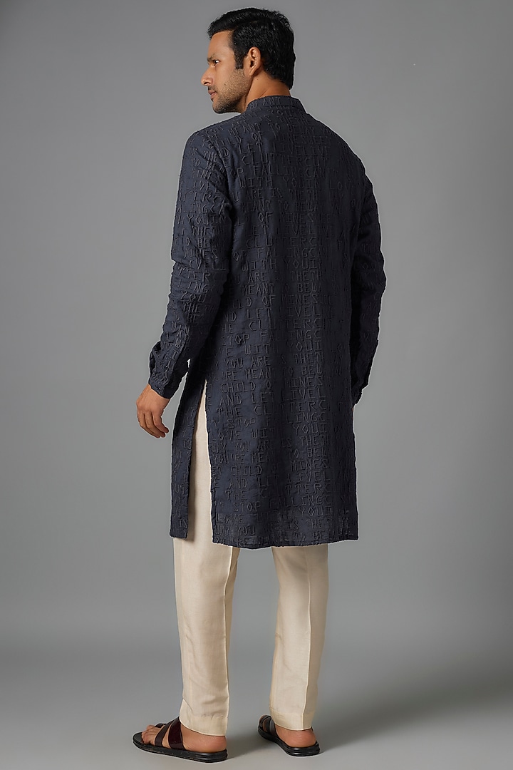 Navy Blue Silk Embroidered Kurta by Kunal Rawal at Pernia's Pop Up Shop