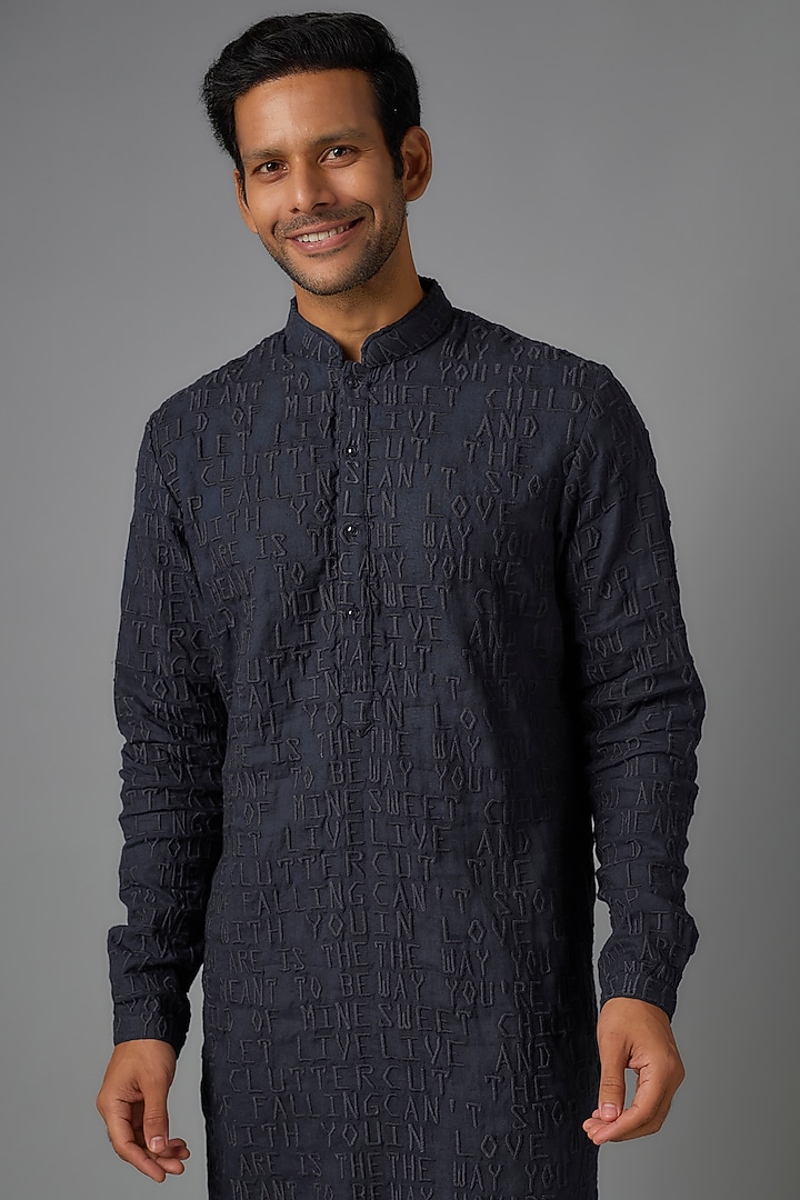 Navy Blue Silk Embroidered Kurta by Kunal Rawal at Pernia's Pop Up Shop