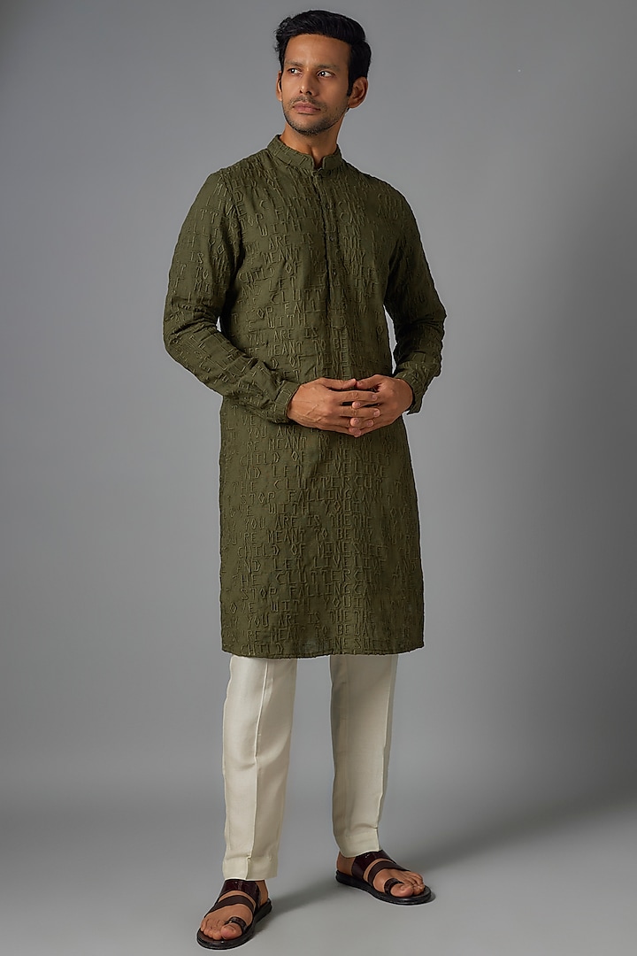 Olive Green Silk Embroidered Kurta by Kunal Rawal