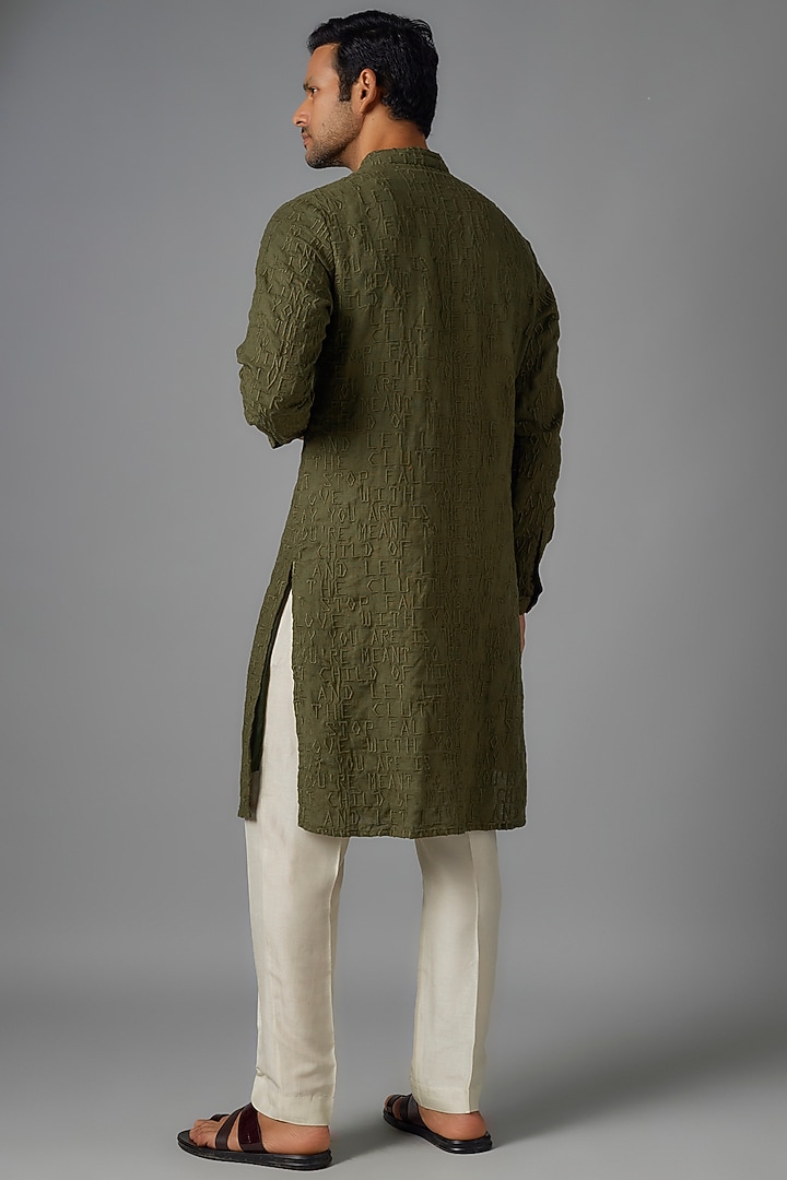 Olive Green Silk Embroidered Kurta by Kunal Rawal at Pernia's Pop Up Shop