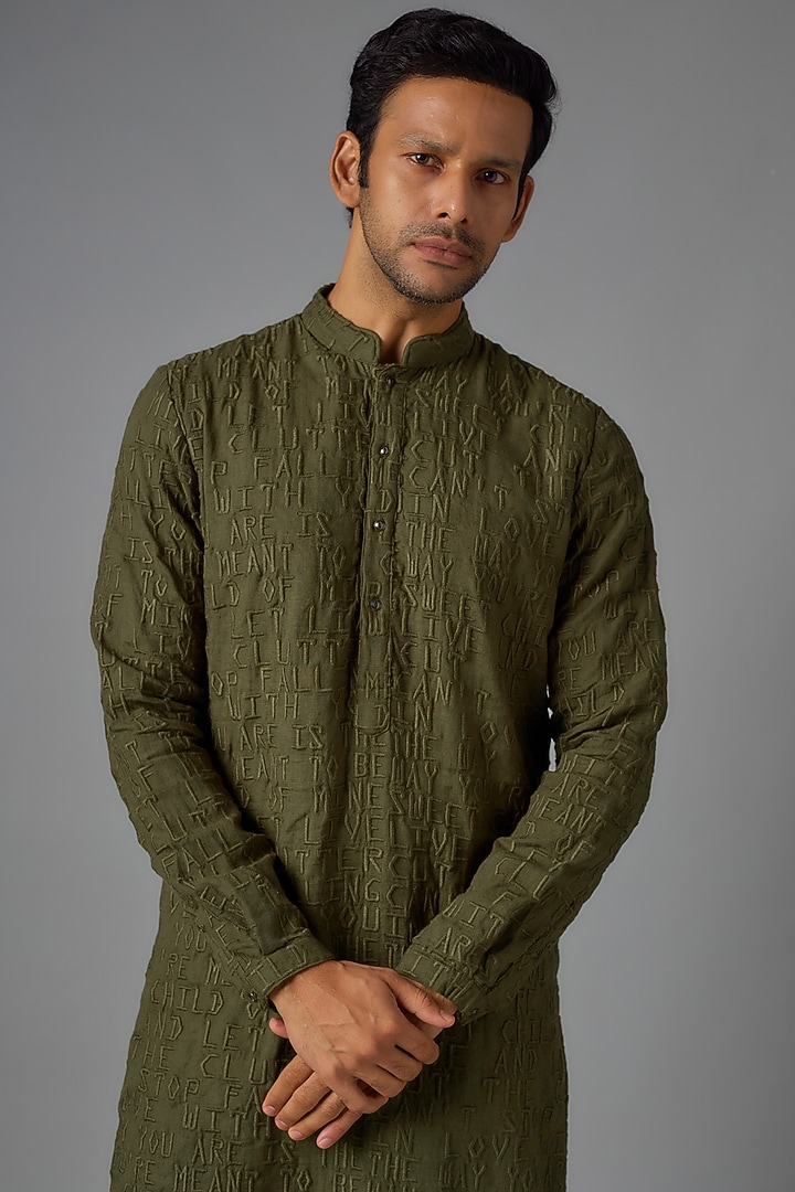 Olive Green Silk Embroidered Kurta by Kunal Rawal at Pernia's Pop Up Shop