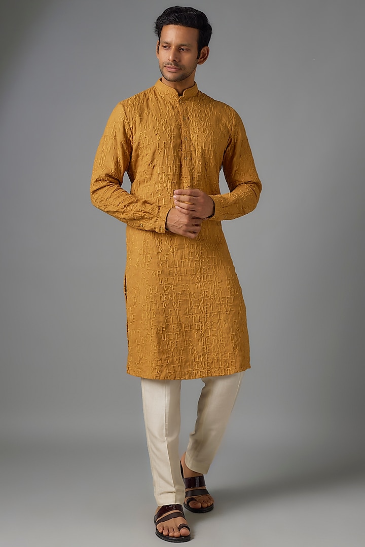 Mustard Silk Embroidered Kurta by Kunal Rawal at Pernia's Pop Up Shop