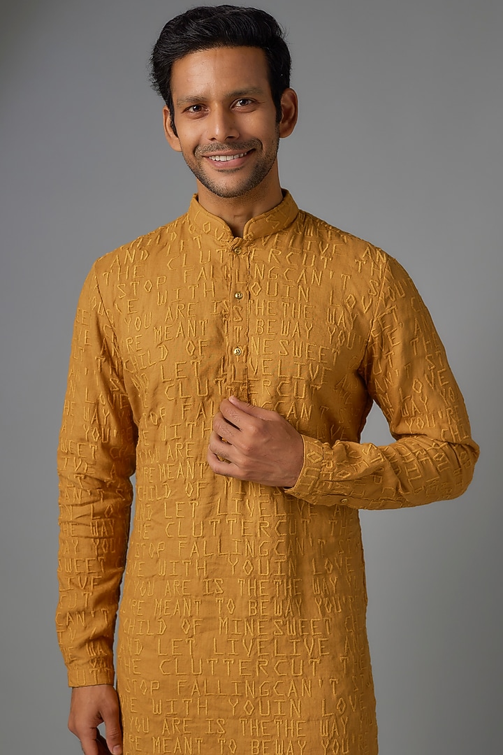 Mustard Silk Embroidered Kurta by Kunal Rawal at Pernia's Pop Up Shop