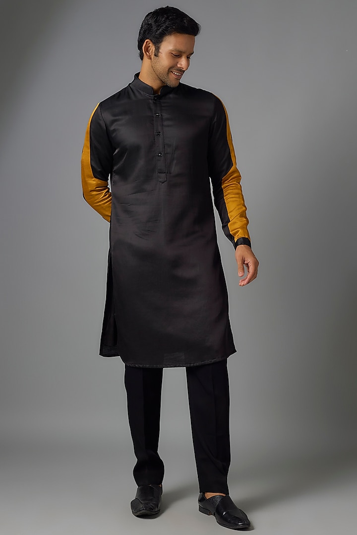 Black & Mustard Linen Satin Kurta by Kunal Rawal at Pernia's Pop Up Shop