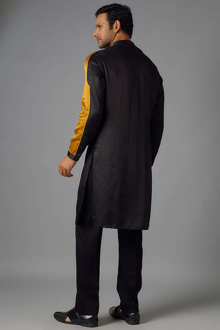 Black & Mustard Linen Satin Kurta by Kunal Rawal at Pernia's Pop Up Shop