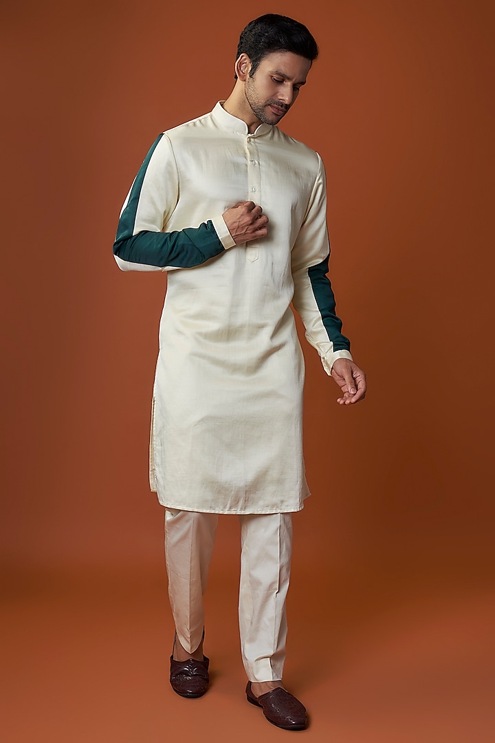 White & Forest Green Kurta by Kunal Rawal