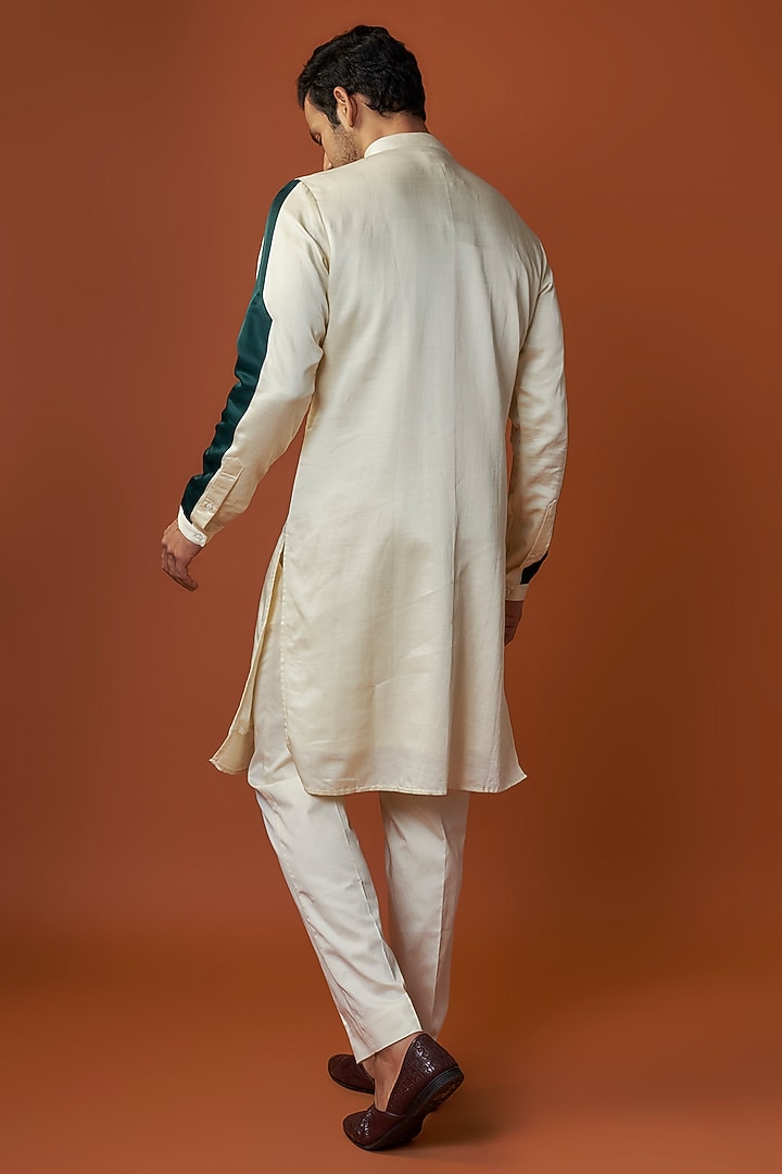 White & Forest Green Kurta by Kunal Rawal at Pernia's Pop Up Shop
