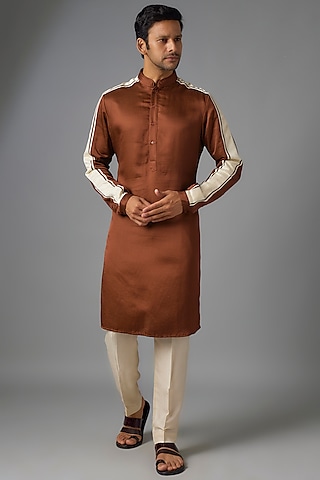 Rust & white Linen Satin Kurta by Kunal Rawal