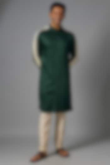 Forest Green & White Linen Satin Kurta by Kunal Rawal at Pernia's Pop Up Shop