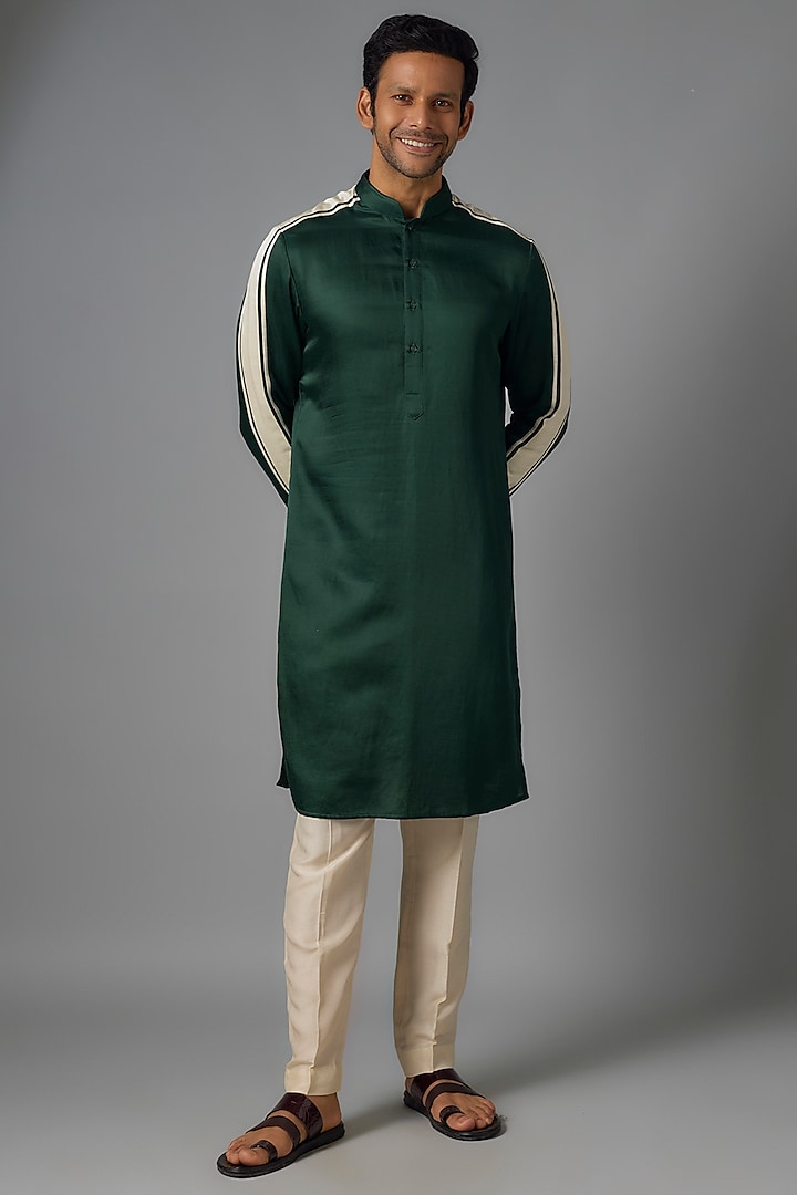 Forest Green & White Linen Satin Kurta by Kunal Rawal at Pernia's Pop Up Shop