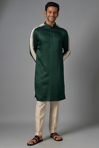 Forest Green & White Linen Satin Kurta by Kunal Rawal