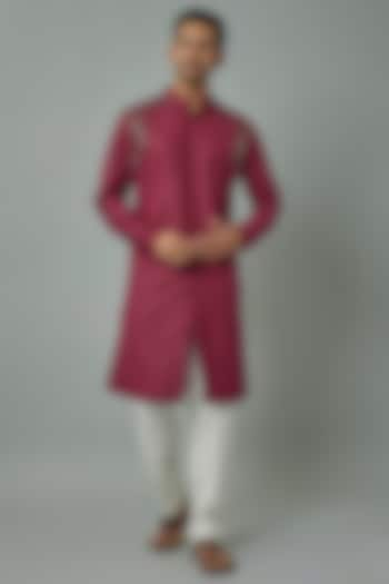 Fuchsia Pink Linen Satin Embroidered Kurta by Kunal Rawal