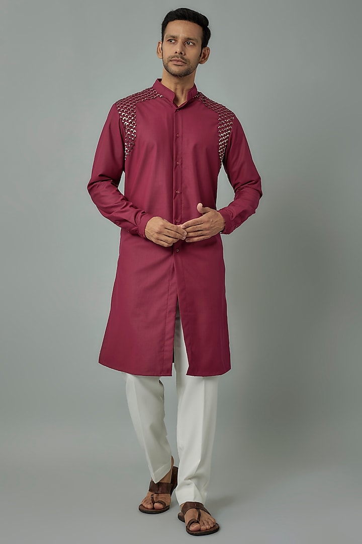 Fuchsia Pink Linen Satin Embroidered Kurta by Kunal Rawal