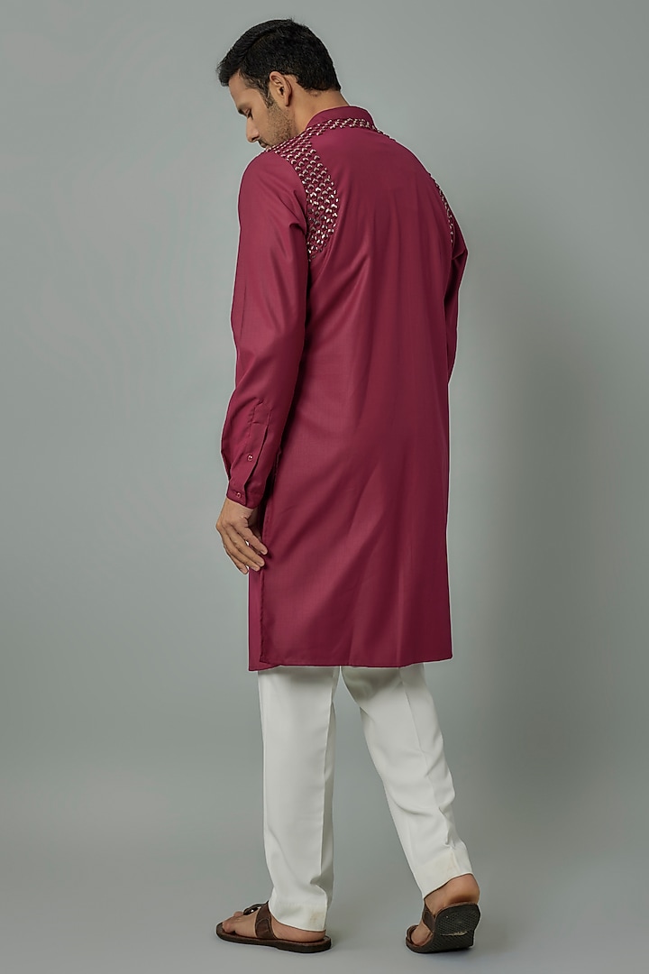 Fuchsia Pink Linen Satin Embroidered Kurta by Kunal Rawal at Pernia's Pop Up Shop
