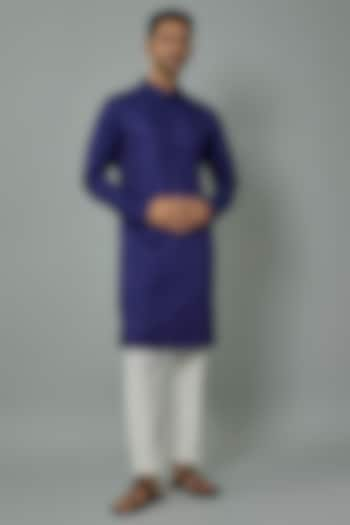 Electric Blue Linen Satin Embroidered Kurta by Kunal Rawal