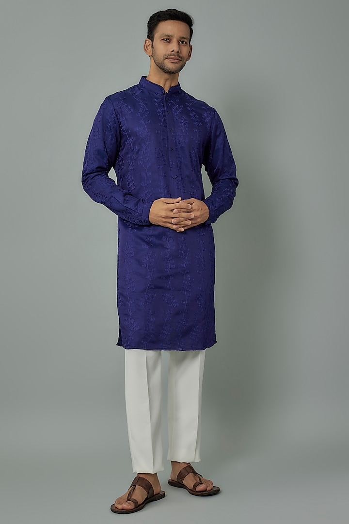 Electric Blue Linen Satin Embroidered Kurta by Kunal Rawal