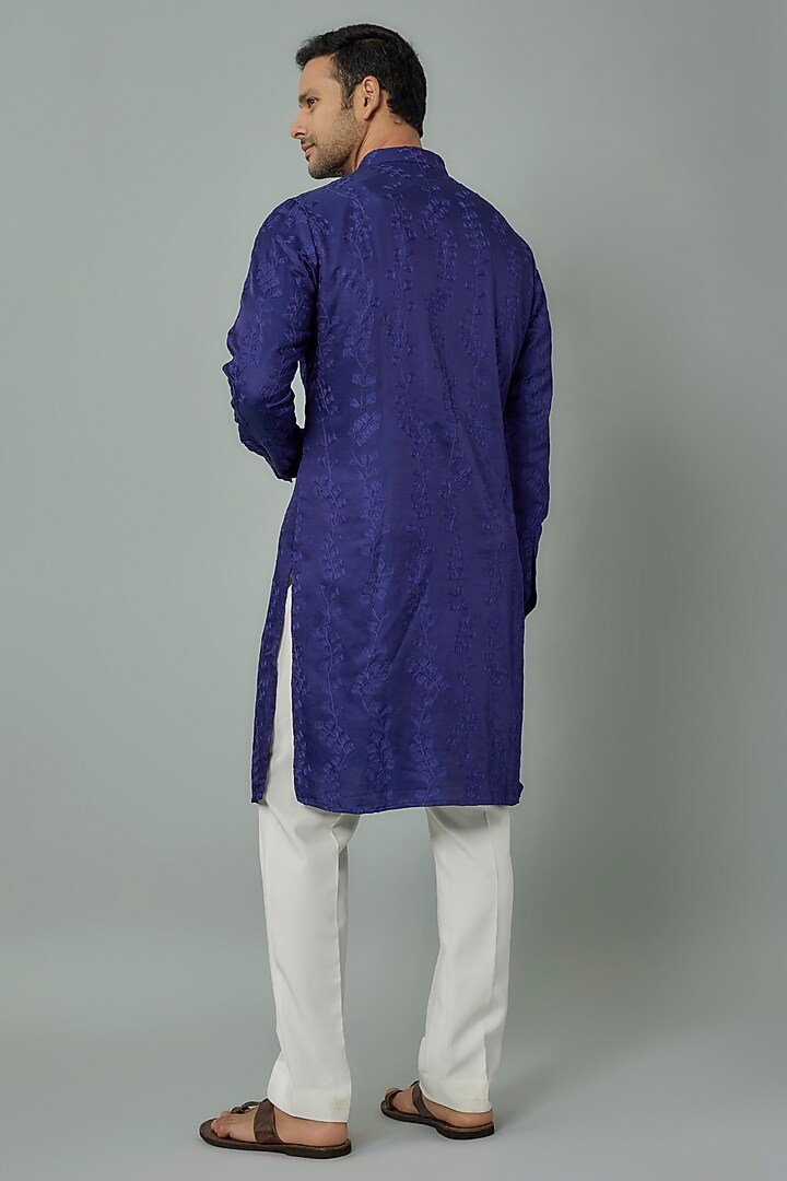 Electric Blue Linen Satin Embroidered Kurta by Kunal Rawal at Pernia's Pop Up Shop